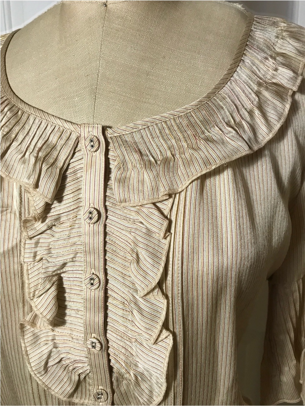 Converse John Varbatos Silk stripe Cream gold Ruffle Button-Front Blouse